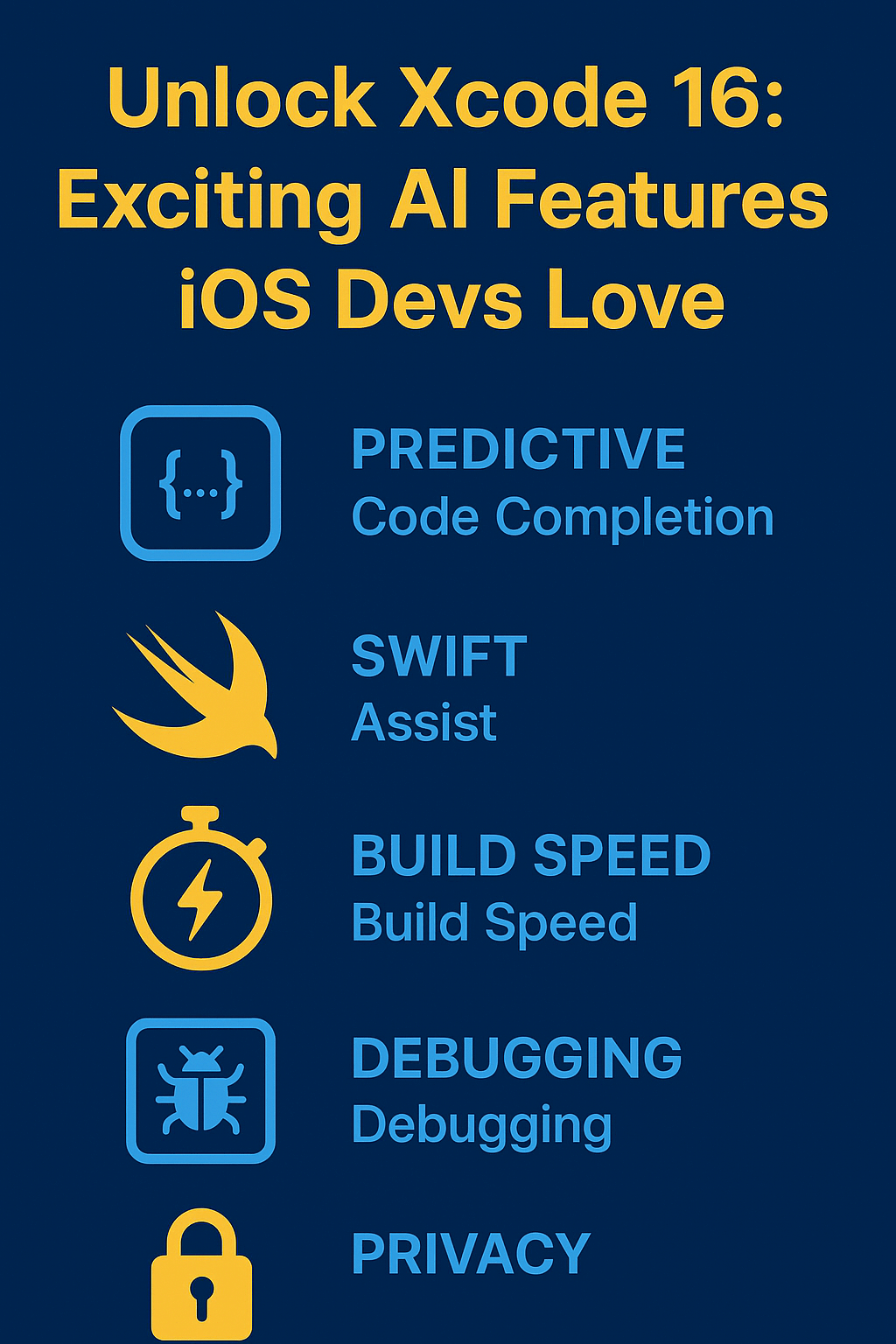 Infographic showing Xcode 16: Exciting AI Features with key benefits for iOS developers