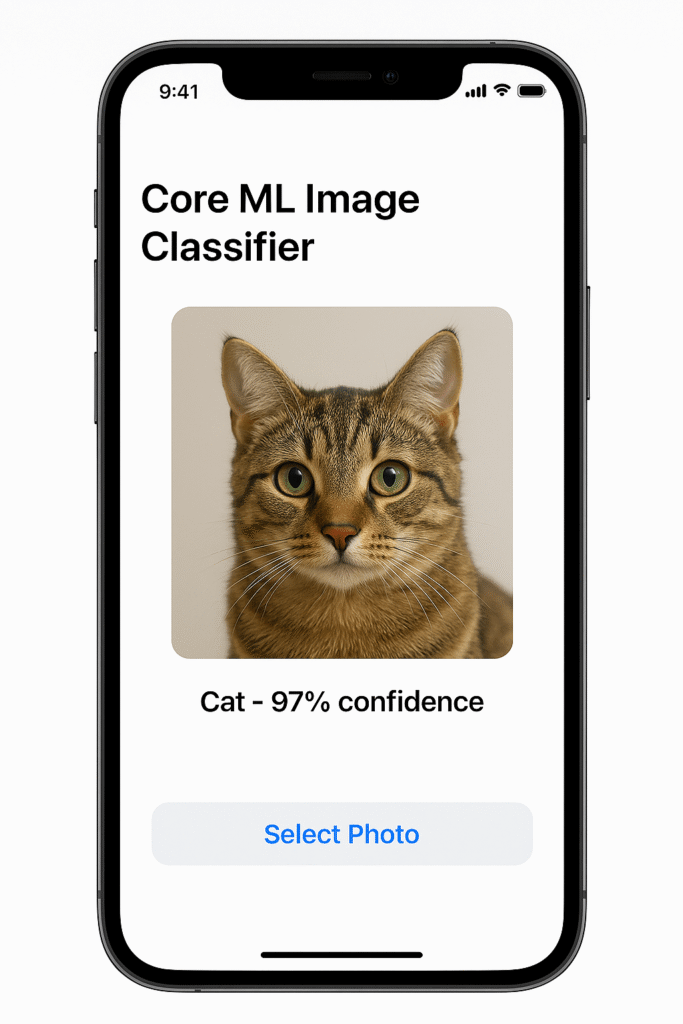 SwiftUI app interface for image classification using Core ML with photo picker and prediction results.