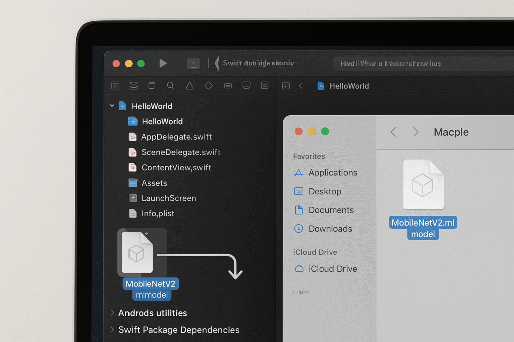 Drag-and-drop of Core ML model file into Xcode project navigator on macOS.