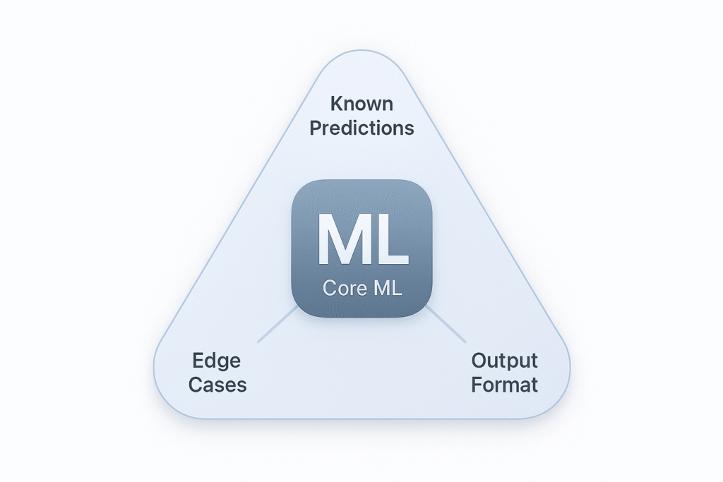 Infographic summarizing three main Core ML testing strategies: known predictions, edge cases, and output format checks.