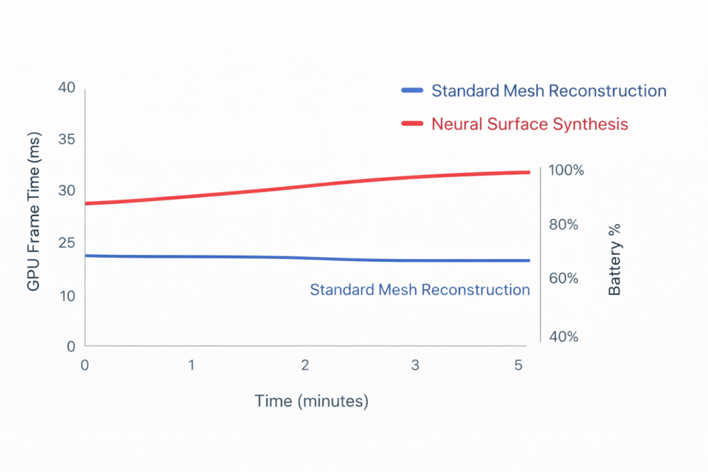Line chart comparing GPU frame time and battery usage between standard mesh and neural synthesis