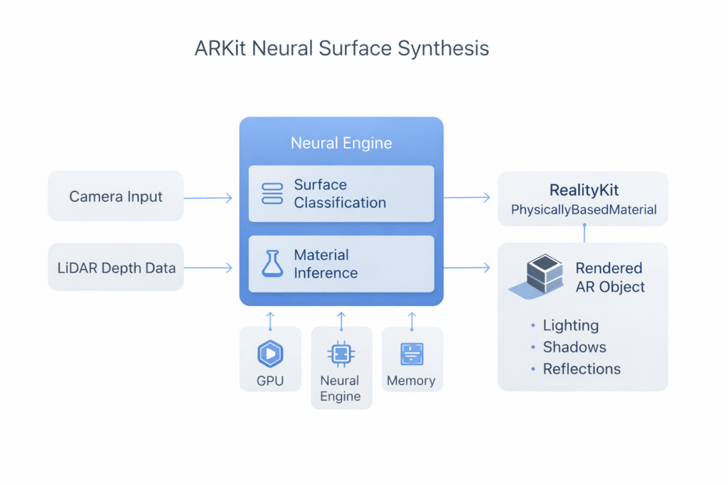 Diagram showing Camera and LiDAR inputs flowing through Neural Engine to RealityKit rendering