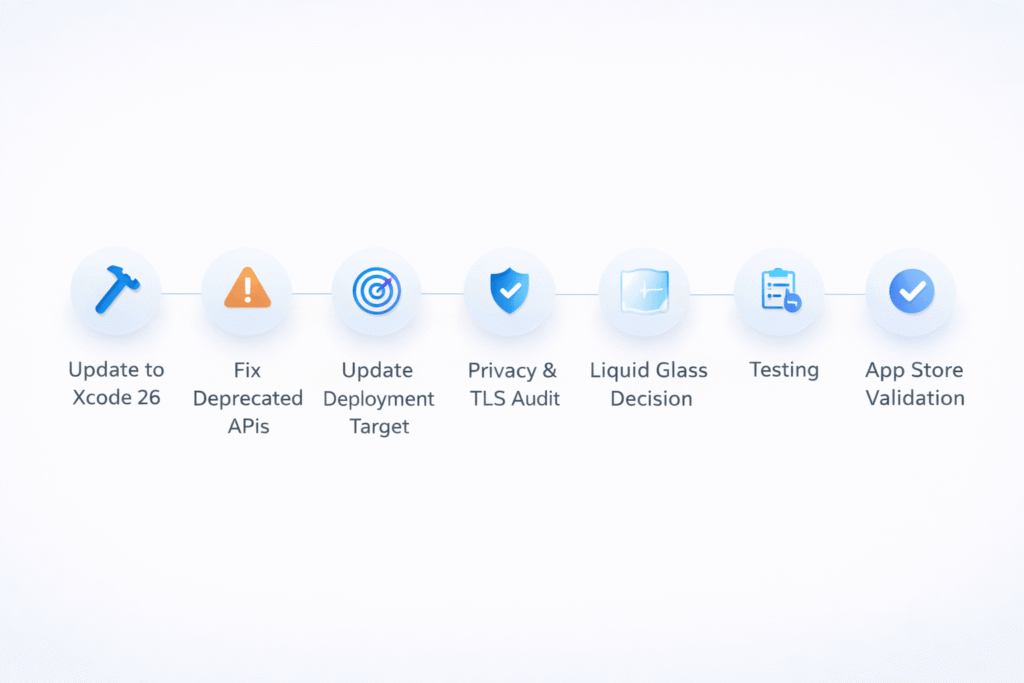 iOS 26 migration process flow showing steps from Xcode update to App Store validation