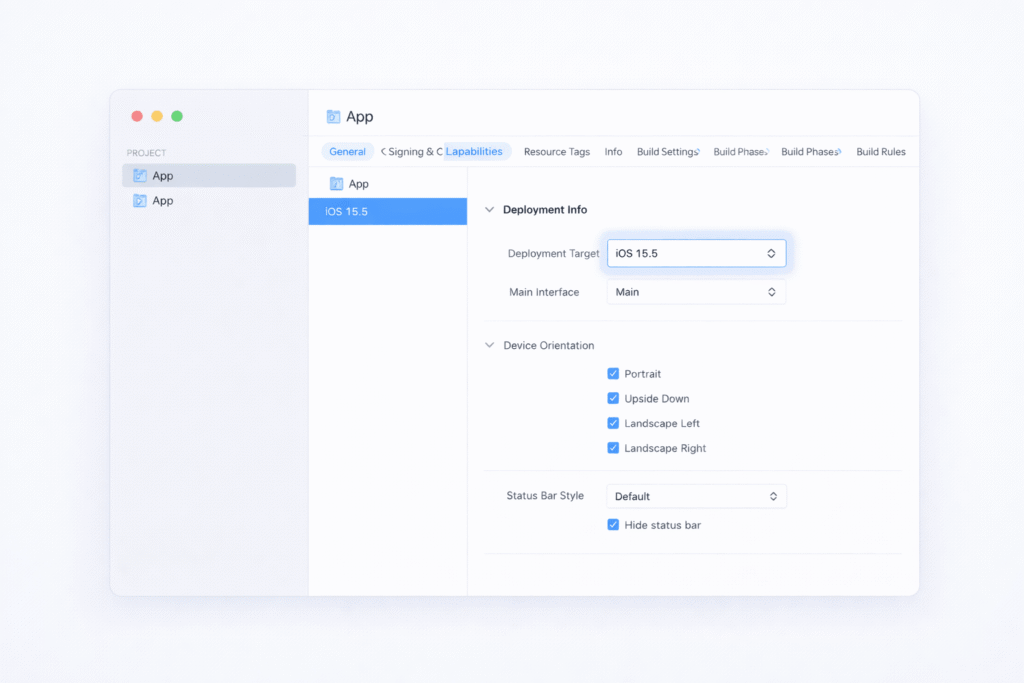Xcode project settings showing iOS deployment target configuration in General tab