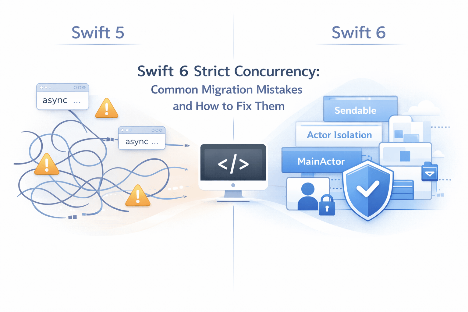 Illustration comparing Swift 5 and Swift 6 concurrency, showing unstructured async tasks versus Sendable, actor isolation, MainActor, and compiler safety.